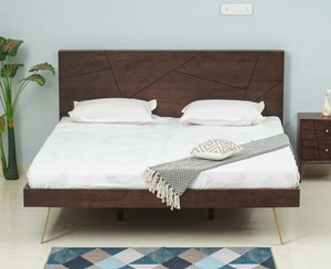 Midcentury Modern Platform <b>Bed</b> <b>Queen</b> <b>Size</b> Solid Mango Wood Frame With Geometric Headboard And Metal Legs Assemblable Design - Product Image 2