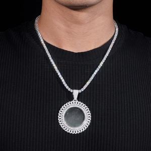 Sterling Silver Lab Grown Diamond Oval <b>Memory</b> Pendant Cuban Link Frame Mens Photo Necklace Charm - Product Image 2