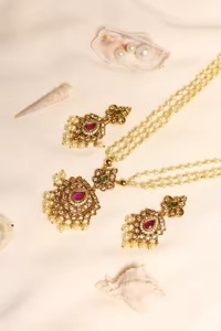 Complete Afghan Bridal Jewelry Set Featuring <b>Ruby</b> And Emerald Rectangular Stone Floral Motif <b>Necklace</b> - Product Image 4