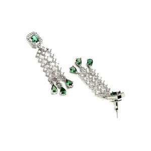 Ensemble collier et boucles d'oreilles plaqué or avec design floral, cristaux verts, strass et pompon, style classique pour femme, bijoux de mariage - Product Image 5