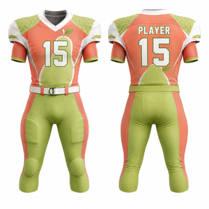 Ensemble Maillot et Pantalon de Football Américain Personnalisé par Sublimation pour Homme – Col en V, Orange et Vert, Anti-humidité, Coupe Ajustée, Manches Courtes - Product Image 1