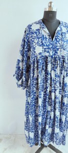 Women's Blue <b>White</b> Floral Handprint Cotton Midi Dress With Tie-Neck And Short Puff Sleeve Boho Summer Dress - Product Image 5