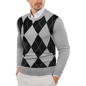 Pull à col rond en tricot Argyle gris et noir pour homme, manches longues, épaisseur standard, automne - Product Image 1