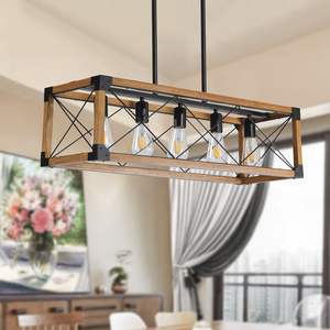 32\" Walnut Industrial Farmhouse Rectangle Pendant <b>Light</b> 5-<b>Light</b> Chandelier for Dining Room Cafe <b>Decor</b> No Bulbs Included (Same - Product Image 4