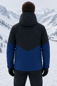 <b>Men's</b> <b>Blue</b> Black Color Blocked Waterproof <b>Ski</b> <b>Jacket</b> Hooded Zipper Closure Custom Logo Front Synthetic Insulated Outdoor Wear - Product Image 3