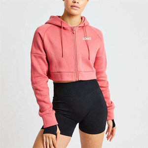 Haut court à capuche oversize uni pour femme avec broderie personnalisée et impression en relief French Terry, pour le yoga et la gym, vêtements de sport pour femme - Product Image 1