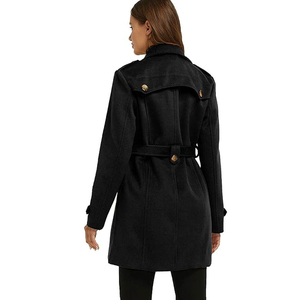 <b>Women's</b> <b>Black</b> <b>Wool</b> Trench <b>Coat</b> Double Breasted With Belt Midi Length Elegant Windproof Outerwear Full Sleeve Notched Collar - Product Image 2