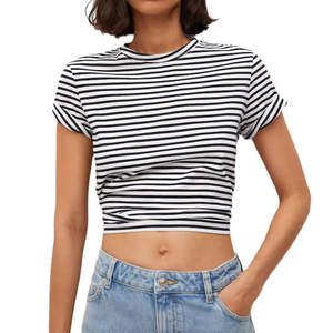 Camiseta Corta de Algodón para Mujer, Estilo Casual, Ajustada, Básica, para Verano, Elástica, para Uso Diario, Moda Urbana - Product Image 1
