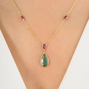 18K Yellow Gold Teardrop Emerald and Ruby <b>Necklace</b> <b>Chain</b> for Wedding Party Gift Anniversary - Product Image 1