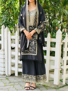 Indian Boutique Designer Black Embroidered Georgette <b>Top</b> With Palazzo And Dupatta Set For Women Traditional Indian Wedding Wear - Product Image 3