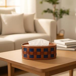 Porte-mouchoirs en similicuir à motif damier moderne, couleur beige et bleu, parfait pour la maison, le bureau et la table, fabriqué en Inde. - Product Image 2