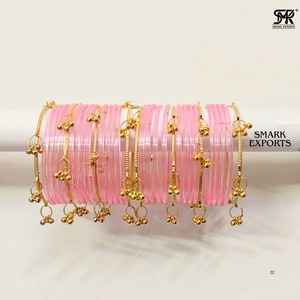 Pink Gold Plated 2mm 32-Piece Kashmiri Jelly Glass Bangles Set Ghungru Both Hands Traditional Indian Chudi Women Wedding Bridal - Product Image 3