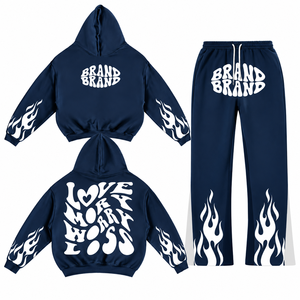 Ensemble survêtement homme personnalisé : sweat à capuche imprimé motif flamme et pantalon de jogging oversize style streetwear - Product Image 4