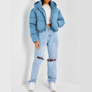 Light Blue Hooded <b>Puffer</b> <b>Jacket</b> Regular Thick 70% Down Coat Casual Style Cotton Liner Eco-Friendly Zipper Closure - Product Image 2