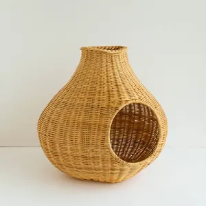 Cama para mascotas de ratán de perfil bajo con cojín a rayas, cama para perros y gatos hecha a mano, muebles acogedores para mascotas para decoración del hogar - Product Image 2