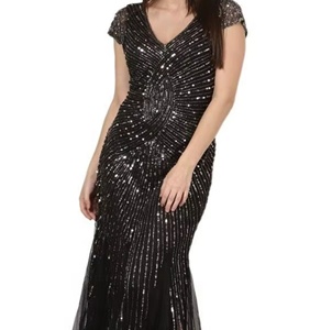 Vestido de Fiesta Elegante Negro Largo hasta el Suelo con Lentejuelas y Perlas, Diseño Recto y Sencillo, Ecológico, Último Modelo 2019 - Product Image 3