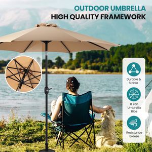 Parasol de terrasse extérieur de 2,3 m avec mécanisme d'inclinaison à bouton et manivelle manuelle, 6 baleines, tissu imperméable anti-UV15+, avec base - Product Image 2