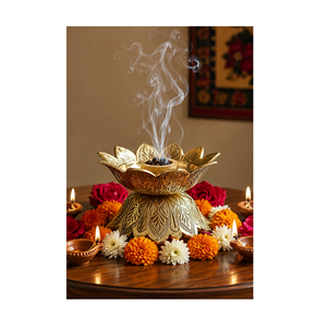 Brûleur d'encens Dhoop Dani en laiton à motif de lotus en relief pour la décoration des temples Pooja et des espaces de méditation - Product Image 1