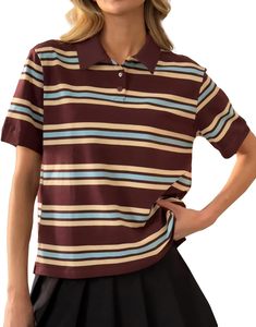 Polo a Rayas de Mujer de Última Tendencia, Manga Corta, Tejido de Punto Casual, Largo Regular, Patrón Liso Teñido, Camisetas Polo ODM - Product Image 2