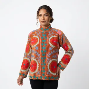 Ladies Suzani Autumn/Winter Cotton Velvet Bomber <b>Jacket</b> Full Sleeve Mandarin Collar Embroidery Floral Pattern Back Logo XL Size - Product Image 2