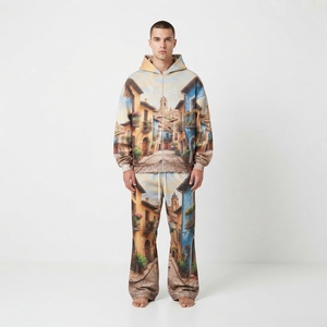 Conjunto de Chándal para Hombre con Sudadera con Cremallera y Estampado Urbano y Pantalones de Pierna Ancha, en Beige, Azul y Marrón, Estilo Urbano Personalizado - Product Image 1