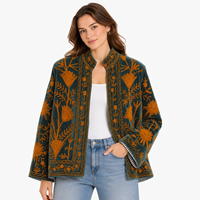 Veste matelassée en velours tricoté pour femmes, col rond, manches régulières, style bohème floral, hiver automne, motif Suzani fait main