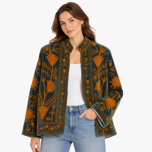 Women Velvet Embroidered <b>Jacket</b> Mandarin Collar Lantern Sleeve Floral Boho Style Autumn Coat Handmade Suzani <b>Pattern</b> - Product Image 1