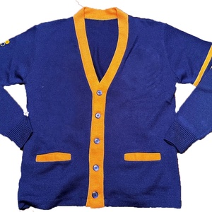 Cárdigan de punto azul para mujer, con cuello en V, manga larga, ribete amarillo y botones, suéter informal de color liso. - Product Image 1