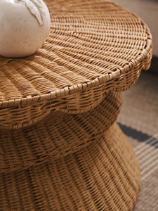 Natural Rattan <b>Low</b> Accent Table Artisanal Wicker Coffee <b>Stool</b> Round Side Table Boho Furniture For Living Room Bedroom Decor - Product Image 5