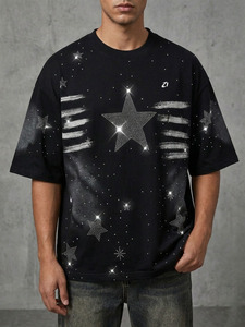 เสื้อยืดผู้ชายลายดาวตกวิบวับ ขายดี ประดับเพชรเต็มตัว ทรงโอเวอร์ไซส์ ผ้าคอตตอนสีดำหนา สไตล์ฮิปฮอป สตรีทแวร์ - Product Image 2