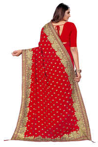 SAREE DE DISEÑO CON BORDADO GEORGETTE Y BLUSA SIN COSTURAR ROJA 63697 - Product Image 4