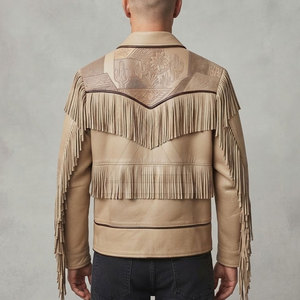 Classic <b>Western</b> Leather <b>Jacket</b> For Men With Fringe Accents And Detailed Embossing For Casual Outfits Travel And Weekend Wear - Product Image 4