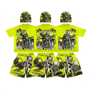 <b>Men's</b> Moto Biker T-<b>Shirt</b> Shorts Set Skull Pattern Sublimation Print Quick Dry Summer Casual Wear Crew Neck <b>Pink</b> - Product Image 5