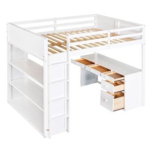 Letto a soppalco bianco a grandezza naturale con scaletta e scrivania con ripiani per la cameretta dei bambini - Product Image 4
