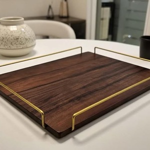 Luxury Acacia Wood Modern Eco-friendly Serving Tray with Gold Metal Handles Rectangular Ottoman Coffee <b>Table</b> Home Decor - Product Image 3