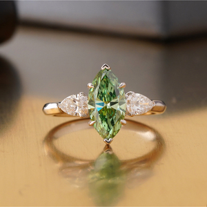 Fancy Vivid Green Marquise Cut Lab Grown Diamond <b>Ring</b> 14K <b>Gold</b> Unique Color Statement Fashion <b>Ring</b> - Product Image 1