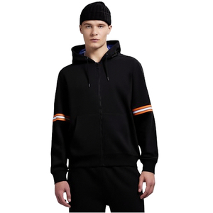 Sudadera con capucha negra para hombre con cremallera y mangas con rayas de color, corte regular, informal, con estampado digital, para otoño, 100% algodón, felpa francesa - Product Image 1