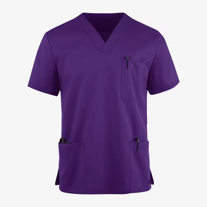 Blouse médicale unisexe violette à col en V et manches courtes, uniforme d'hôpital avec poches, tissu tissé 100 % polyester - Product Image 1