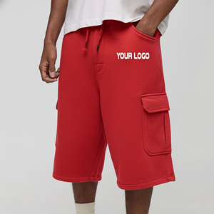 Shorts cargo rouges pour hommes 100 % coton, taille mi-haute, cordon de serrage, style décontracté Bermuda, avec poche avant et logo - Product Image 4