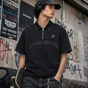 <b>Men</b>’s Charcoal Black Zip Polo Shirt, Y2K Streetwear Cotton Pique Tee, <b>Studded</b> Collar, Cropped Boxy Fit - Product Image 6