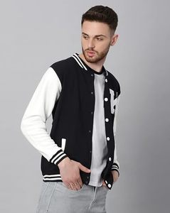 <b>Men's</b> Black And <b>White</b> Varsity <b>Jacket</b> Regular Fit Preppy Style Pullover Cotton Polyester Blend Solid Color Turn-down Collar - Product Image 5
