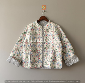 Hand Block Print Cotton Quilted Kantha Jacket: Reversible <b>Boho</b> Coat - Product Image 4