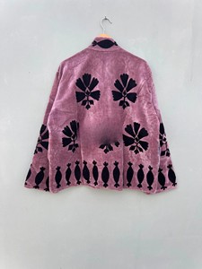 Premium Royal Mauve Pink Velvet <b>Jacket</b> Handcrafted Traditional Black Applique Work Comfortable Full Sleeve Winter Coat - Product Image 3