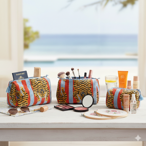 Juego de 3 Bolsas de Maquillaje y Cosméticos de Tela de Algodón con Cierre de Cremallera y Estampado de Tigre Boho, Ecológicas, Venta al Por Mayor - Product Image 1