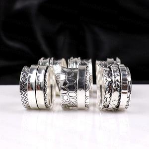 925 Sterling Silver Spinner Assorted Floral Geometric Pattern Wide <b>Fidget</b> <b>Rings</b> Anti Anxiety Meditation Band Vintage Jewelry - Product Image 2