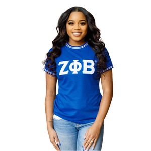 T-shirt en chenille bleu Zeta Phi Beta pour femme, lettres grecques brodées en blanc, chemise de sororité décontractée, élégante et douce - Product Image 1
