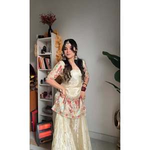 Beautiful <b>Top</b>-Gharara and Dupatta Embroidered Silk Salwar Kameez for <b>Weddings</b> - Product Image 2