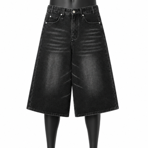 Shorts en jean baggy noirs pour hommes, coupe ample, délavés, OEM ODM, vente en gros, fabricant de shorts en jean streetwear - Product Image 1