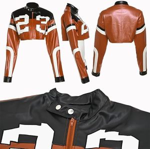 Best Quality <b>Women</b> Cropped Faux Leather Jacket Color Block Long Sleeve Zip Up Motorcycle Style <b>Coat</b> for Streetwear OEM Supported - Product Image 4