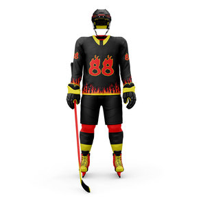 Men Ice Hockey Uniforms Black Red <b>Flame</b> Design 88 Number Sublimated Jersey Full Sleeve V-Neck Fitted Winter Sport Apparel - Product Image 1